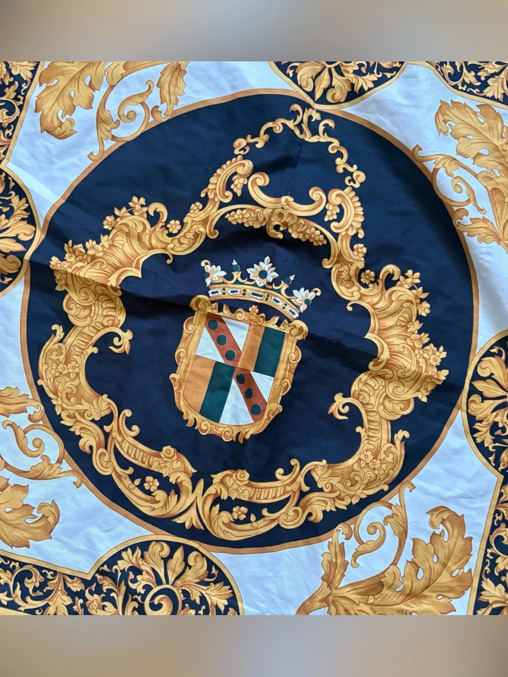 VTG  baar & beards Silk Square Scarf Hand Rolled Baroque Royal Crest Navy Gold